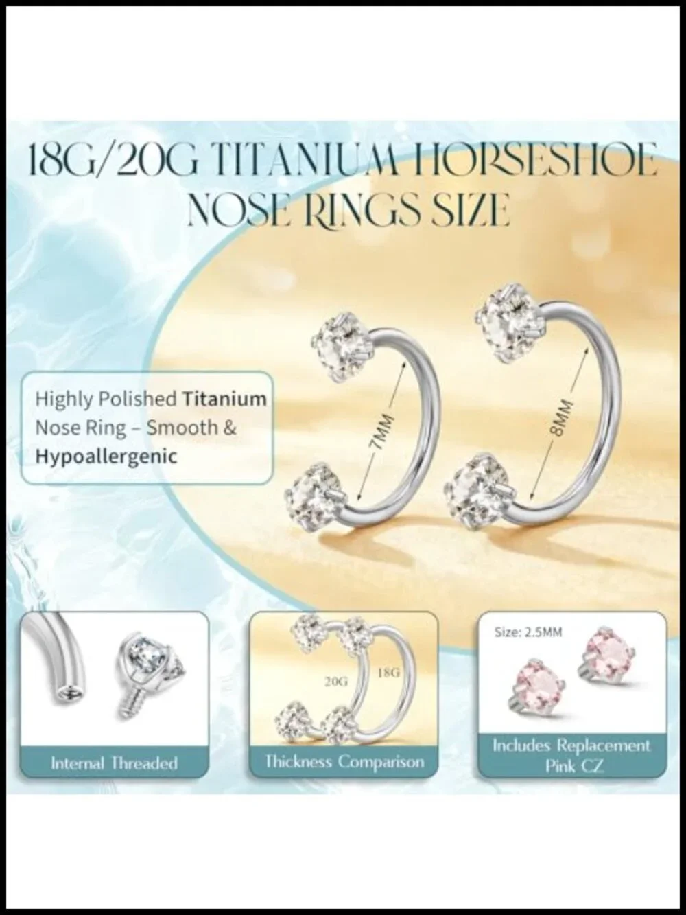 Titanium Horseshoe Nose Ring 20G 18G Double Gem Septum Ring Hypoallergenic Body